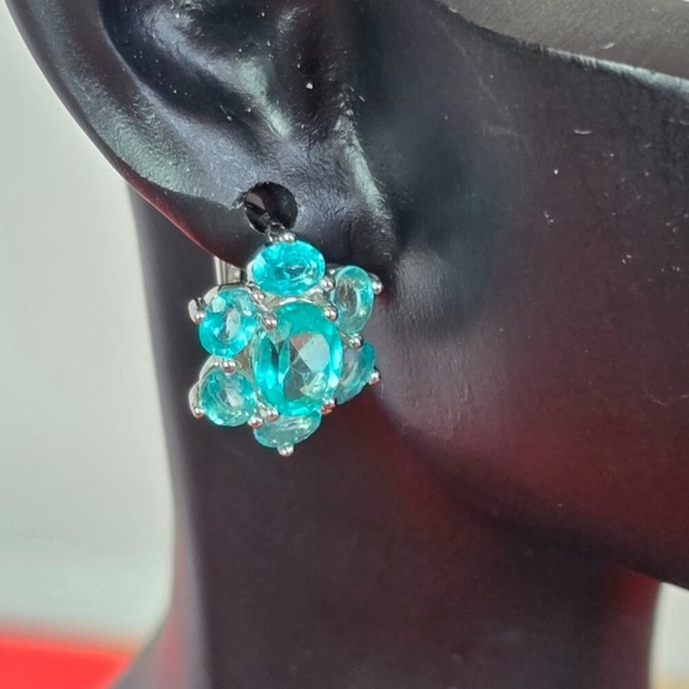 925 Sterling Silver Earrings with Natural Paraiba Blue Topaz 7x5mm Gemstone - Picture 3 of 6